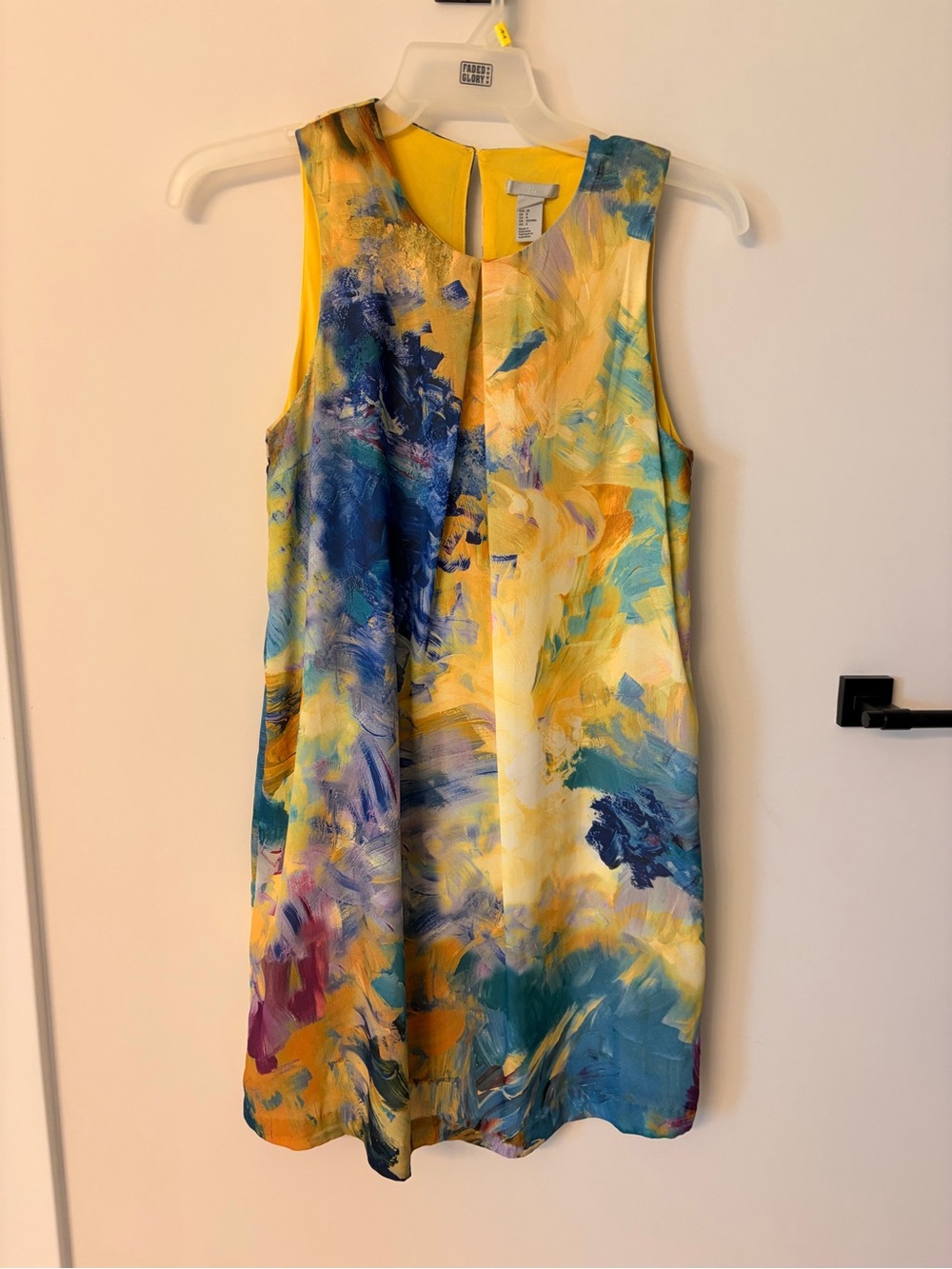 H&M Sleeveless Abstract Painterly Mini Dress in Yellow and Blue